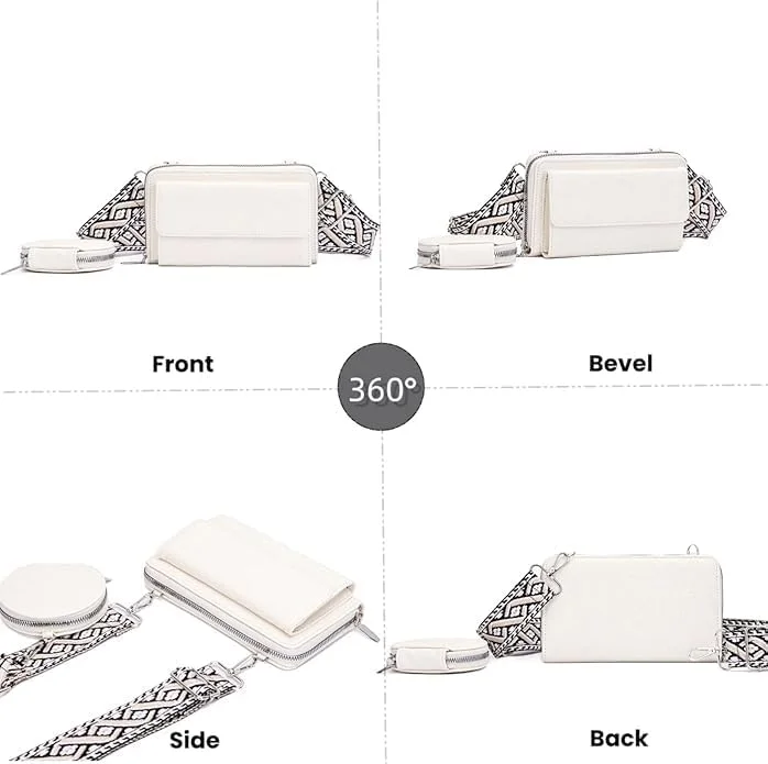 کیف دوشی زنانه با کیف کوچک، کیف دستی چرمی مصنوعی، جا کارتی، کیف دوشی جمع و جور، بند نایلونی قابل تنظیم، کیف دستی مسافرتی غیر رسمی، سفید