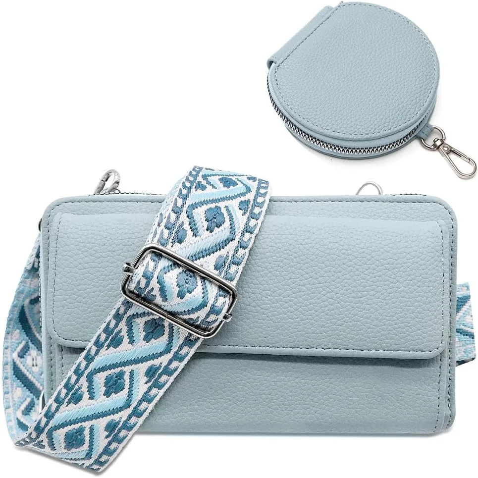 کیف دوشی زنانه، کیف کراس بادی با کیف سکه و جیب تلفن، کیف چرمی PU، کیف شانه ای شیک با بند نایلونی طرح دار آبی برای زنان (19.5x12x4.5cm)