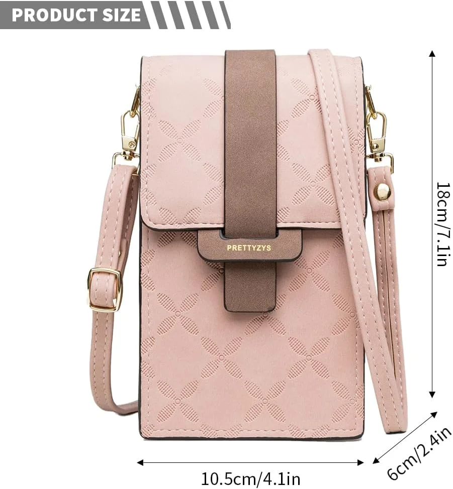 کیف دوشی زنانه، کیف تلفن چرمی PU، کیف پول موبایل شیک، کیف سبک وزن با جیب زیپ دار و جای کارت برای زنان و دختران (صورتی)