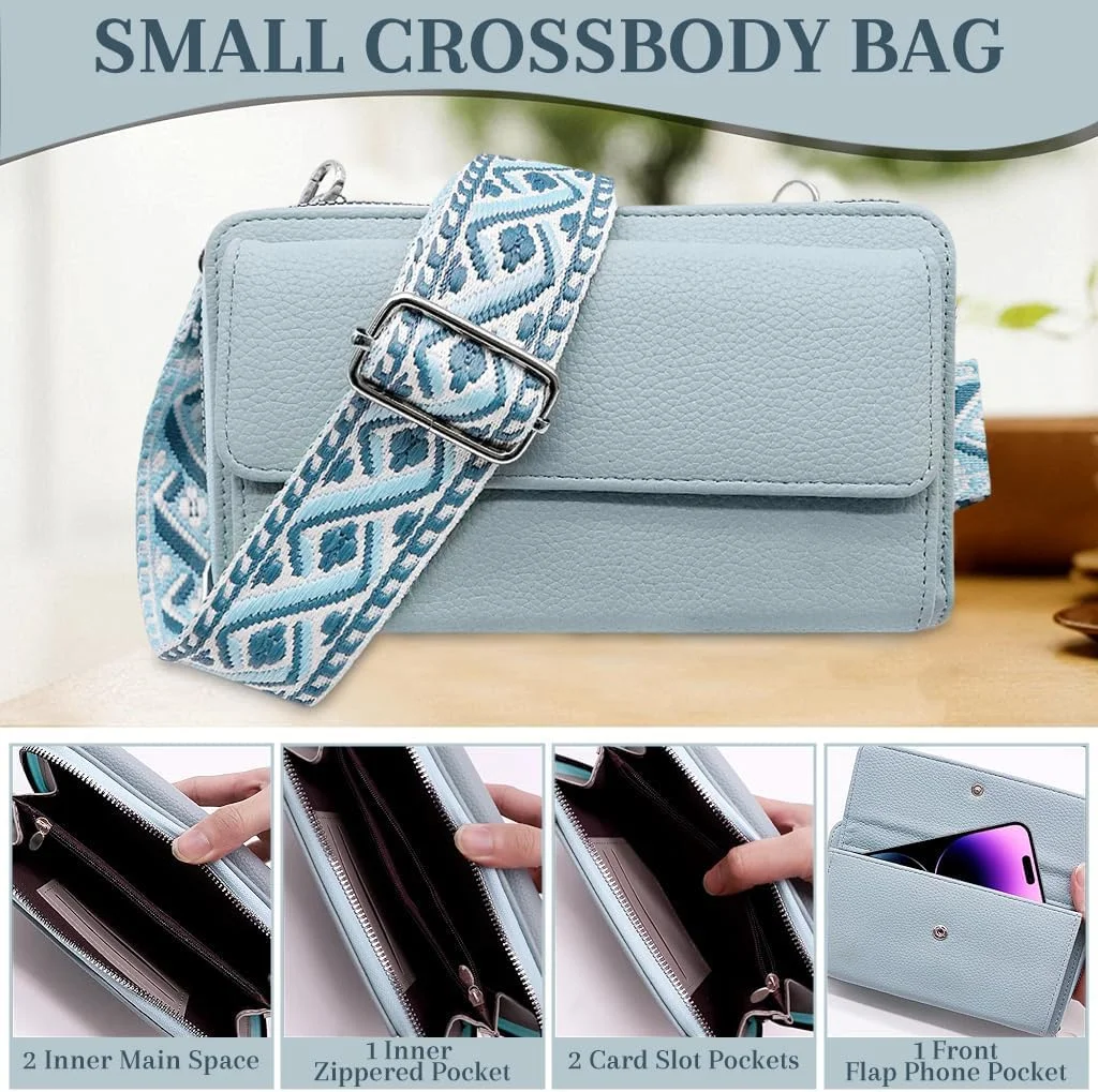 کیف دوشی زنانه، کیف کراس بادی با کیف سکه و جیب تلفن، کیف چرمی PU، کیف شانه ای شیک با بند نایلونی طرح دار آبی برای زنان (19.5x12x4.5cm)