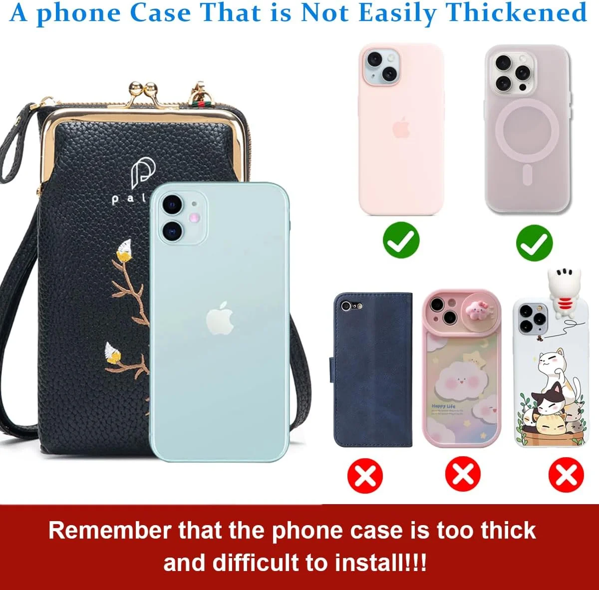 کیف دوشی تلفن همراه زنانه مناسب برای تلفن همراه حداکثر 6.5 اینچ، کیف پول کوچک دوشی چرمی PU مشکی، کیف دوشی کوچک با اسلات های کارت چندگانه، بند جداشدنی برای دختران زنانه