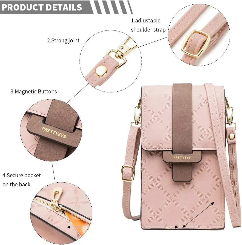 کیف دوشی زنانه، کیف تلفن چرمی PU، کیف پول موبایل شیک، کیف سبک وزن با جیب زیپ دار و جای کارت برای زنان و دختران (صورتی)