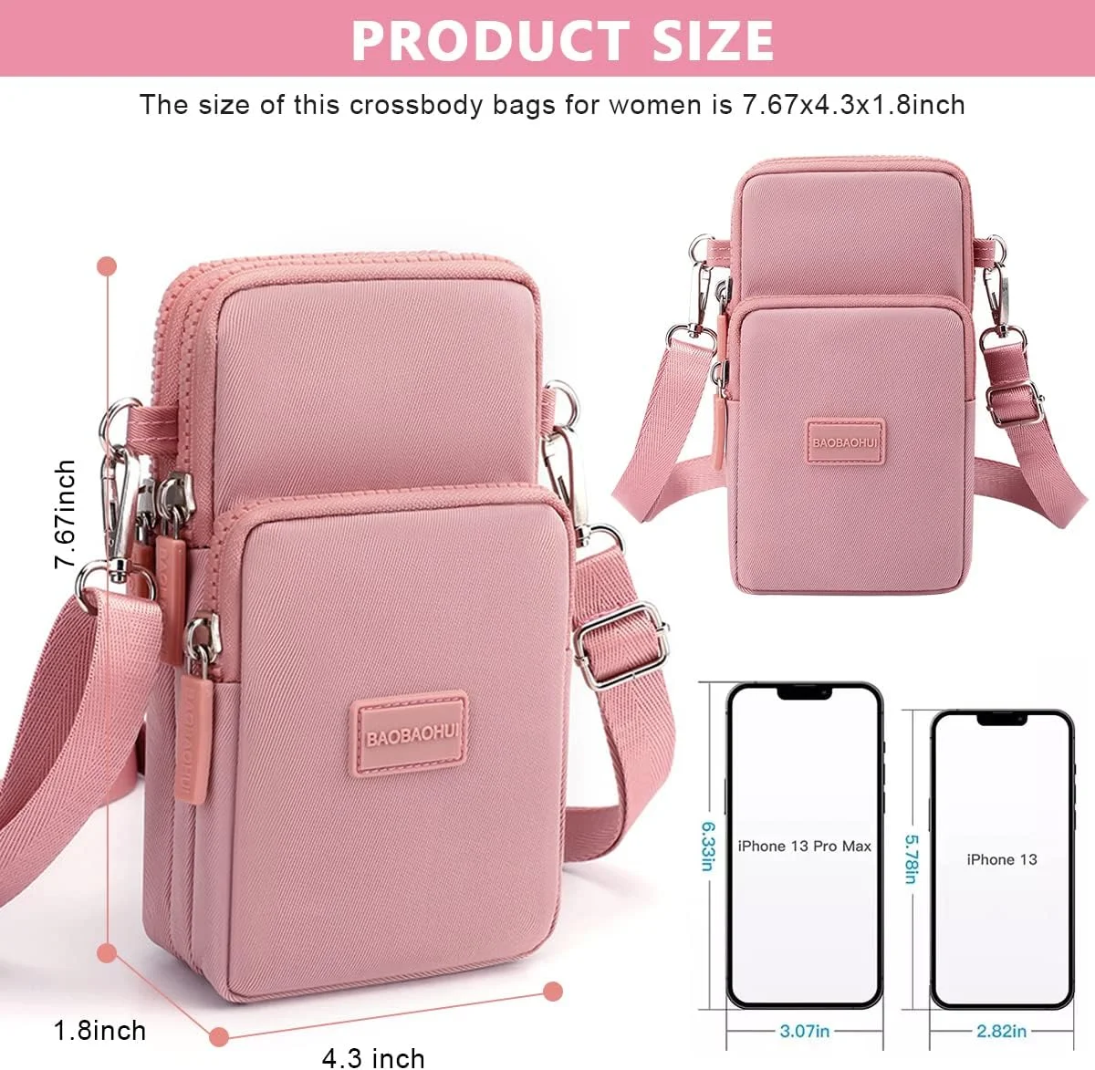 کیف دوشی کوچک، کیف پول مینی با بند شانه قابل تنظیم، کیف پول دوشی برای دختران، کیف دستی تلفن همراه زیپ دار، بازوبند برای زنان و دختران، صورتی