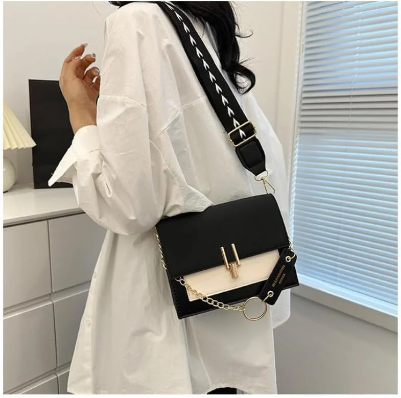 کیف دوشی زنانه KASTWAVE، کیف مربعی چرمی PU با بند قابل تنظیم، کیف پیام رسان شیک با 2 جای کارت برای خانم ها، دختران، مسافرت، خرید، استفاده روزانه، مشکی سفید