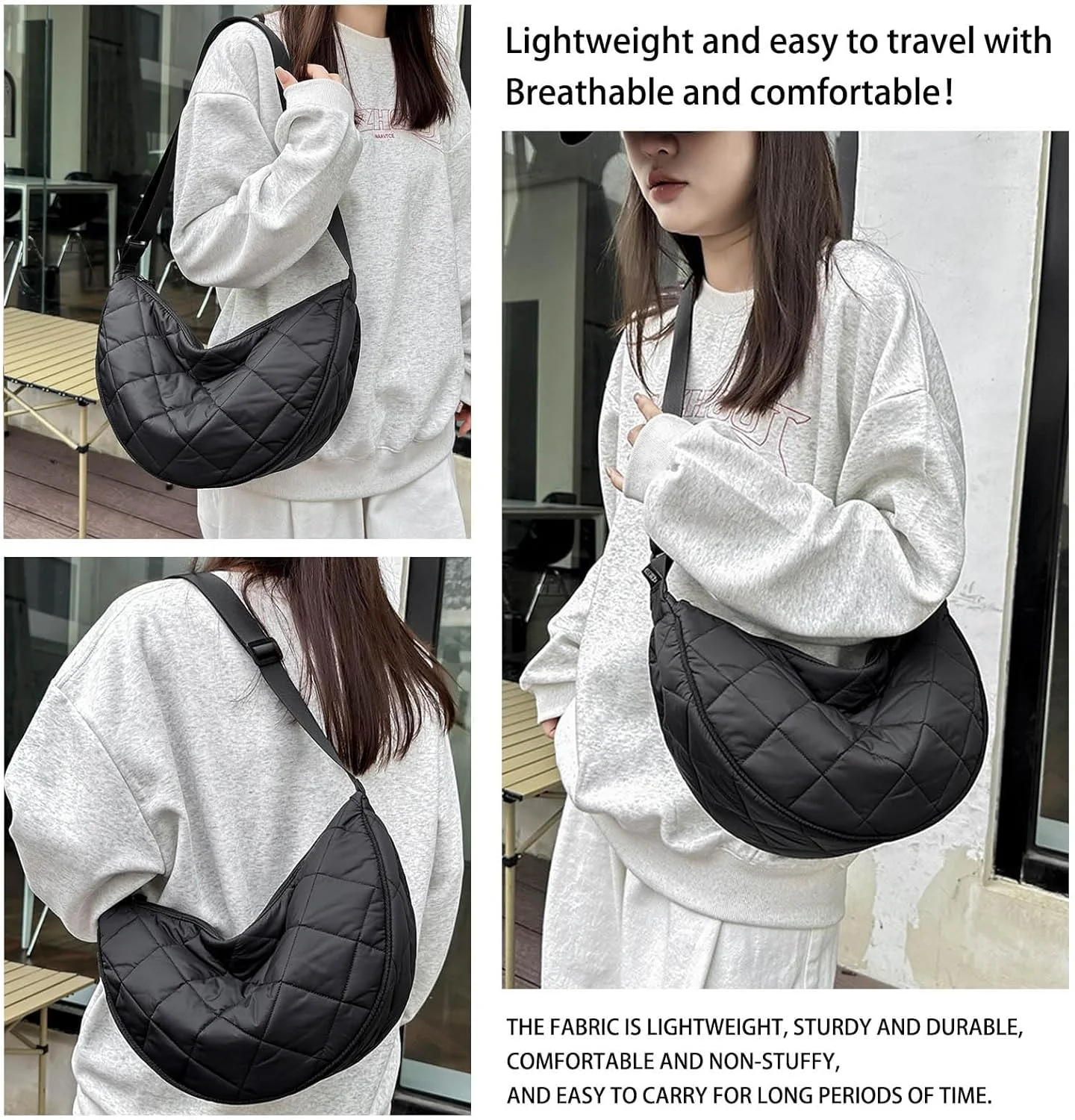 کیف دوشی هلال ماه KASTWAVE، کیف جادار و سبک وزن زنانه، با ظرفیت بزرگ و بند شانه قابل تنظیم برای استفاده روزمره (مشکی)