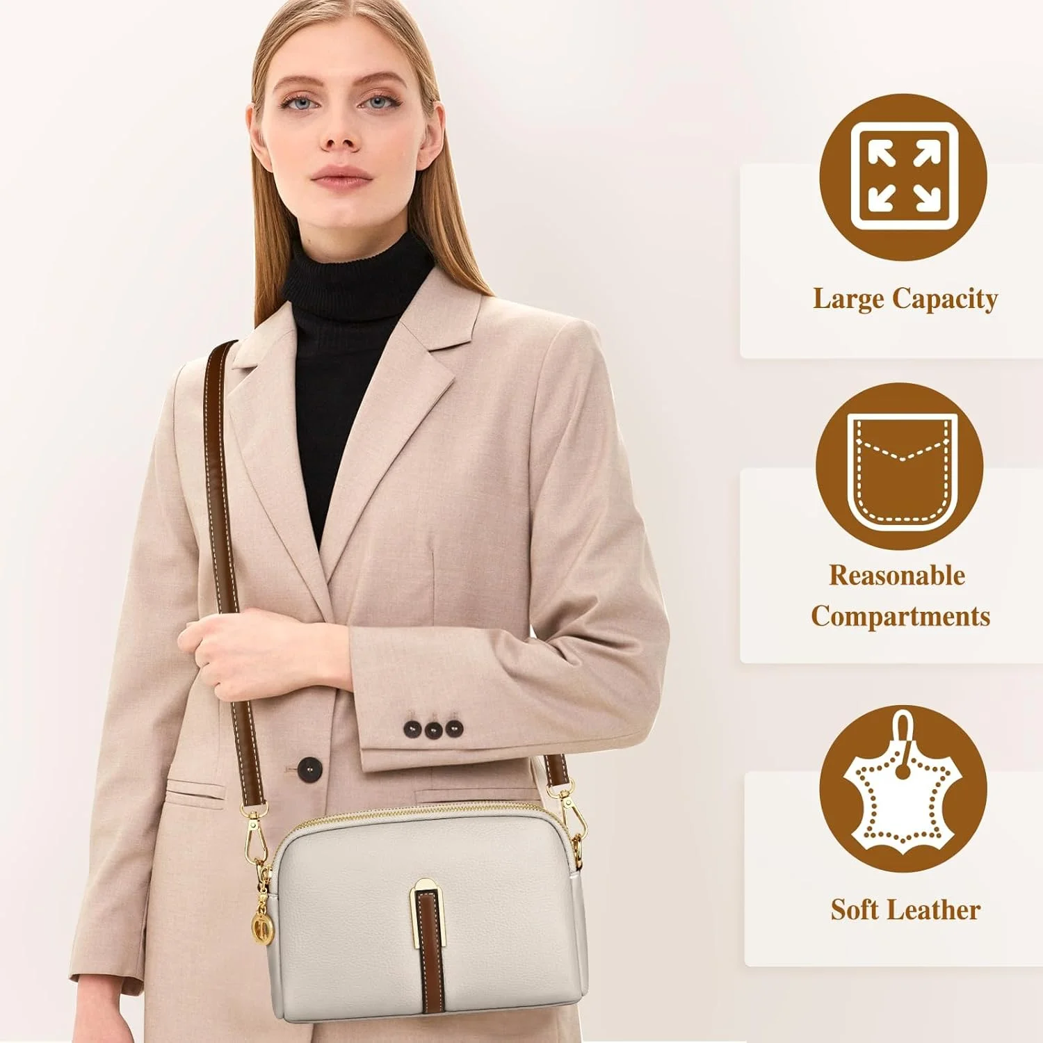 کیف رودوشی زنانه KASTWAVE، کیف دستی و کیف شانه‌ای چرمی با بند پهن قابل تنظیم، بند زنجیری و جا کارتی 2 اسلات، کیف کراس بادی دوربین برای استفاده روزانه بانوان و دختران در سفر و خرید، خاکستری مرواریدی