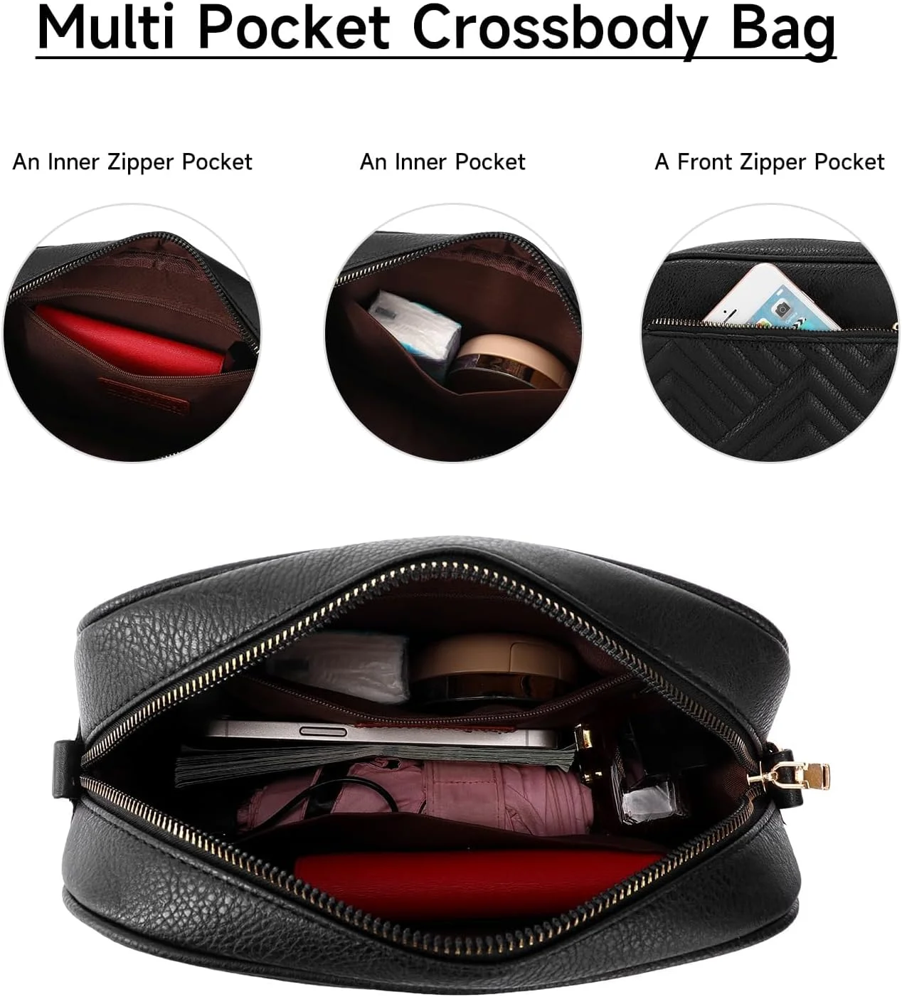 کیف دوشی زنانه آزونه، کیف کوچک چرمی با سه زیپ در بالا و بند پهن قابل تنظیم