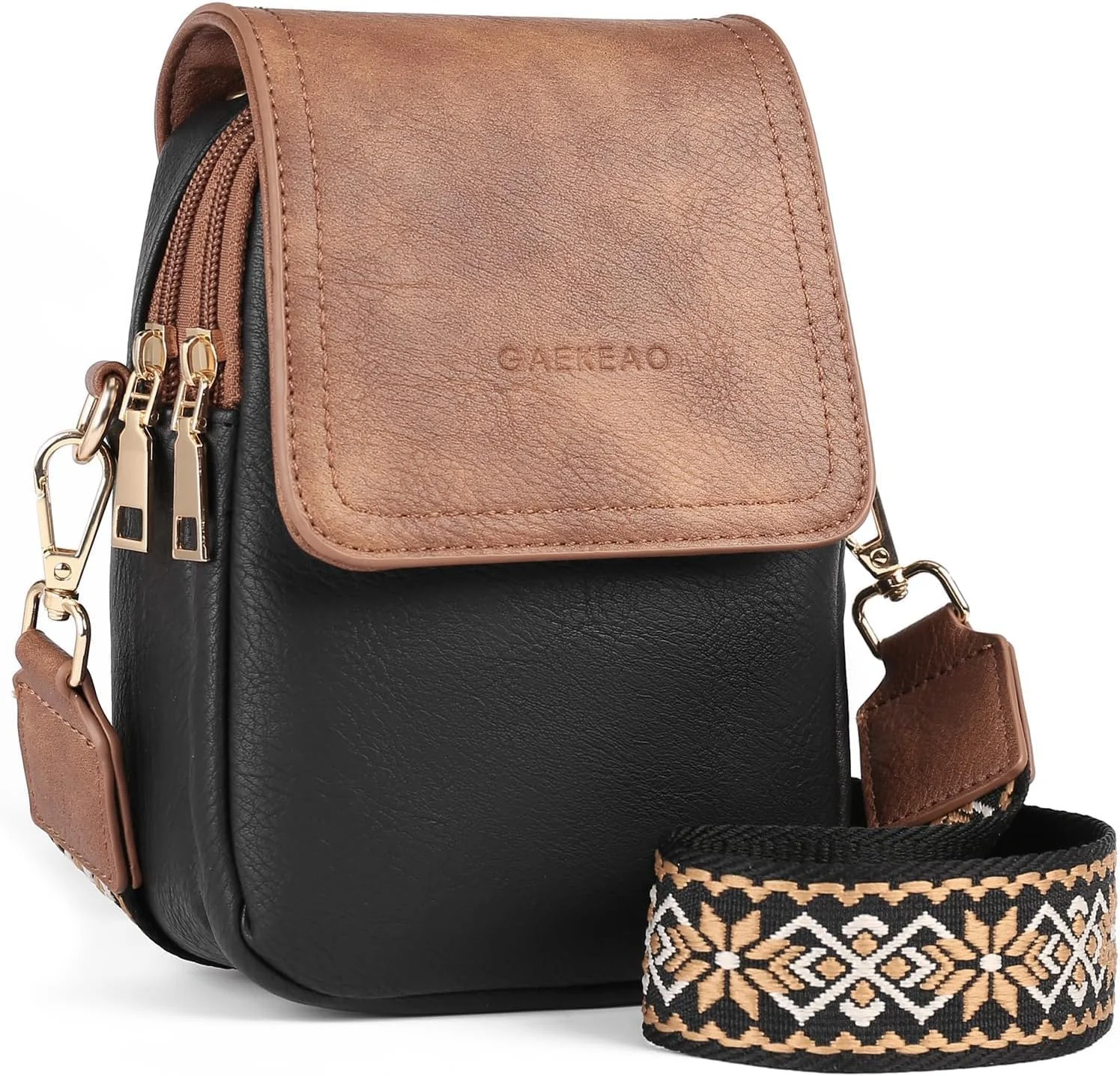 کیف دوشی کوچک زنانه Azonee، کیف چرم مصنوعی با بند قابل تنظیم، کیف پول موبایل برای سفر و استفاده روزانه (مشکی با قهوه ای)