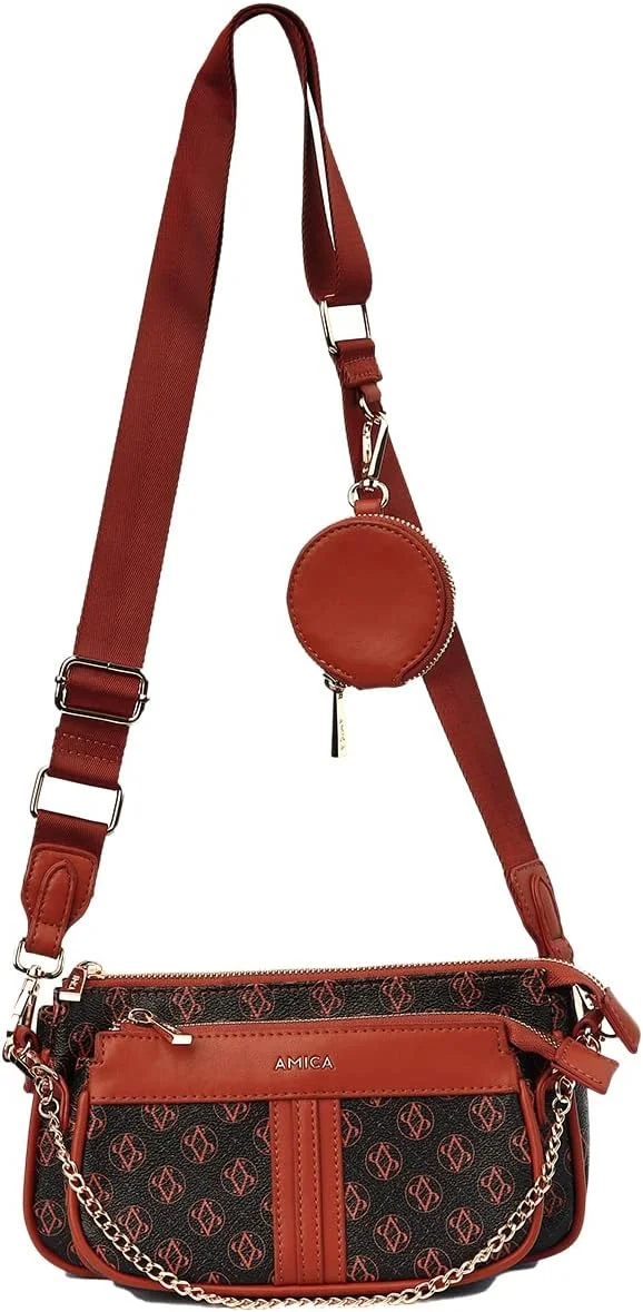 کیف دوشی زنانه مشکی AMICA Giovanna با طرح مونوگرام، از جنس جین و چرم