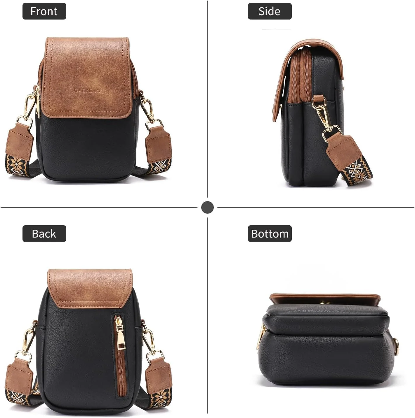 کیف دوشی کوچک زنانه Azonee، کیف چرم مصنوعی با بند قابل تنظیم، کیف پول موبایل برای سفر و استفاده روزانه (مشکی با قهوه ای)