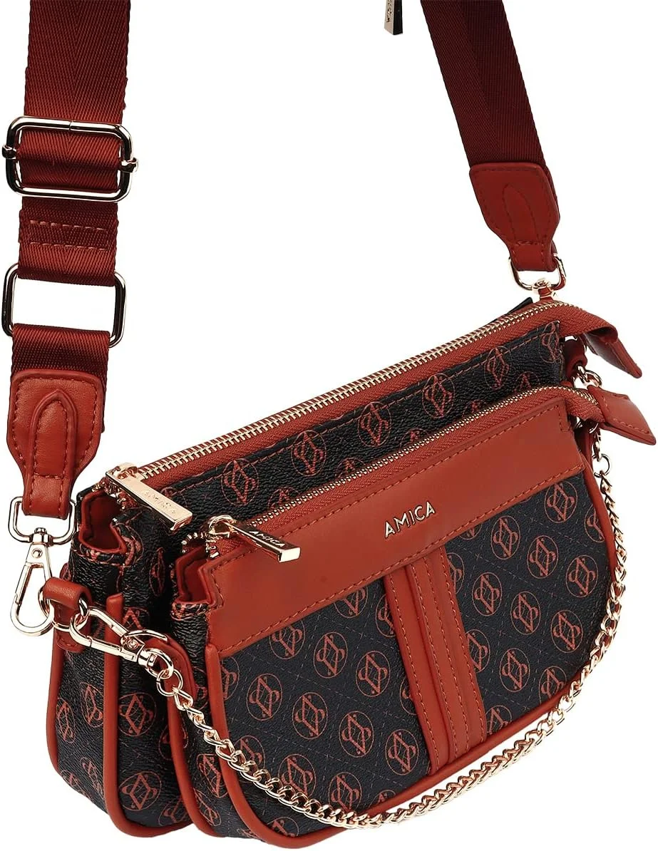 کیف دوشی زنانه مشکی AMICA Giovanna با طرح مونوگرام، از جنس جین و چرم