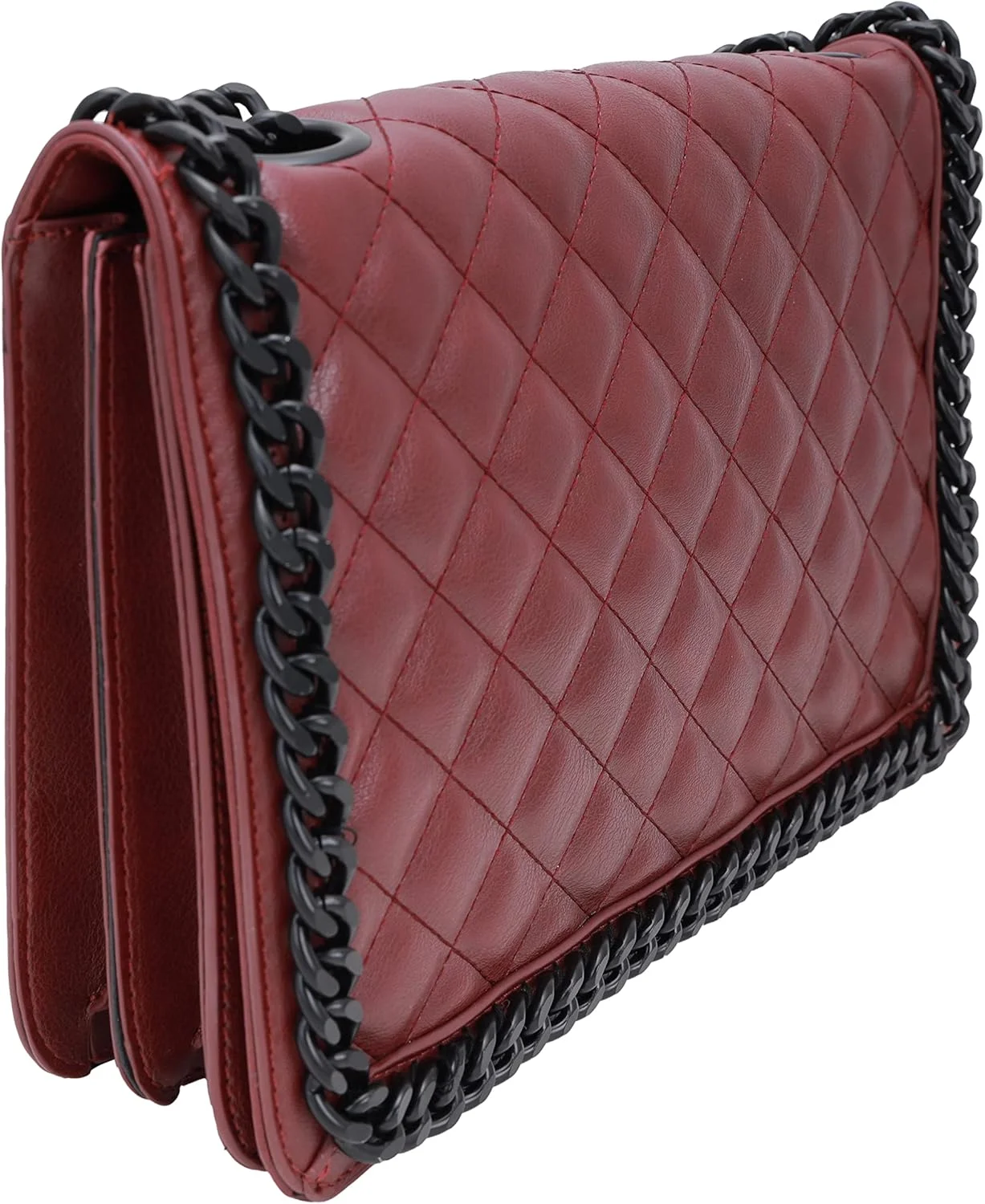 کیف دوشی زنانه چرم طرح دار AMICA Victoria، رنگ قرمز شرابی با زنجیر مات