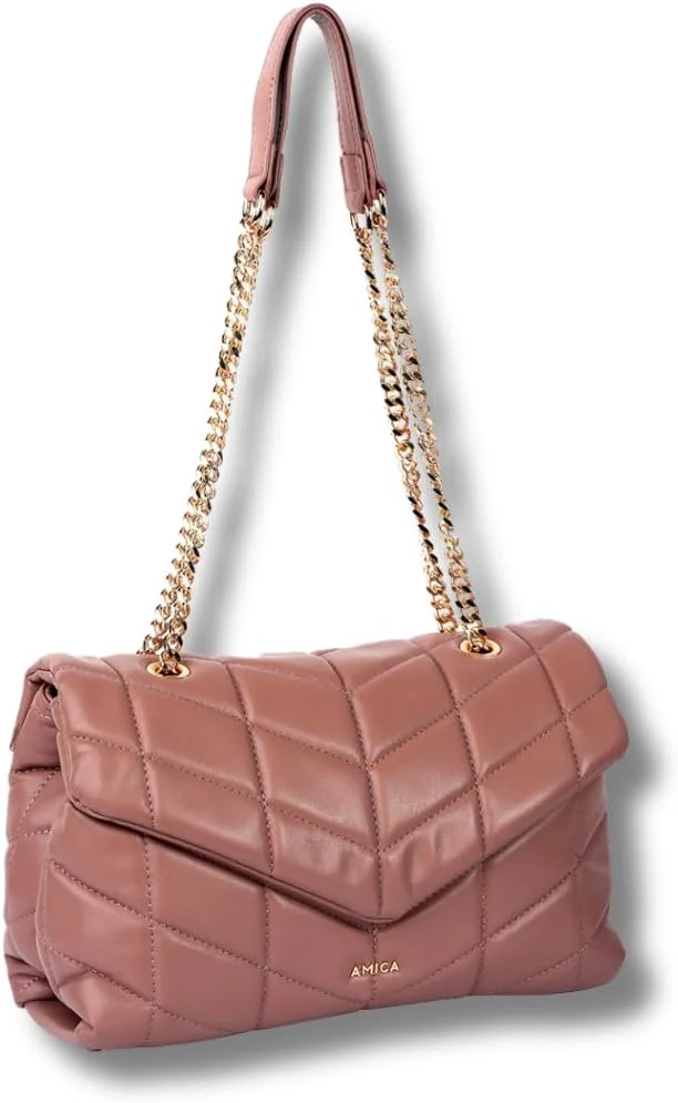 کیف دستی زنانه مدل ناتالیا آمیکا، چرم نرم و پفی، طرح لوزی با زنجیر طلایی