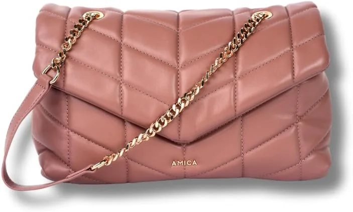 کیف دستی زنانه مدل ناتالیا آمیکا، چرم نرم و پفی، طرح لوزی با زنجیر طلایی