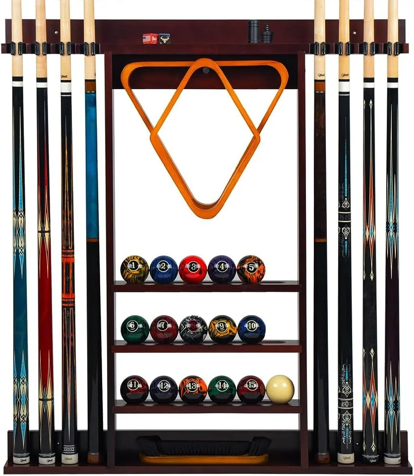نگهدارنده چوب بیلیارد دیواری، مناسب برای ۸ چوب و یک ست کامل توپ، سازمان دهنده لوازم جانبی میز بیلیارد برای اتاق بیلیارد یا باشگاه، رنگ زرشکی