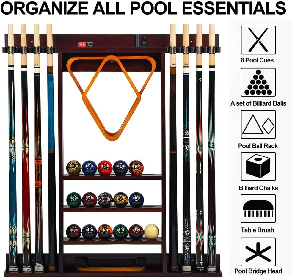 نگهدارنده چوب بیلیارد دیواری، مناسب برای ۸ چوب و یک ست کامل توپ، سازمان دهنده لوازم جانبی میز بیلیارد برای اتاق بیلیارد یا باشگاه، رنگ زرشکی