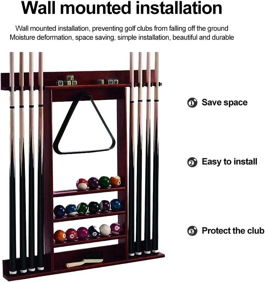 نگهدارنده چوب بیلیارد دیواری، مناسب برای ۸ چوب و یک ست کامل توپ، سازمان دهنده لوازم جانبی میز بیلیارد برای اتاق بیلیارد یا باشگاه، رنگ زرشکی