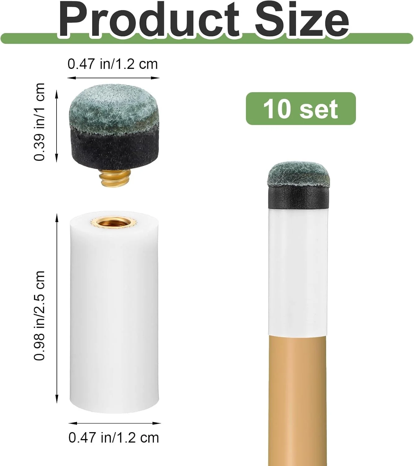 نوک چوب بیلیارد جایگزین با چوب نشانه سفید، 10 عدد نوک چوب بیلیارد پیچی، کیت جایگزینی نوک چوب بیلیارد، نوک چوب (سبز)