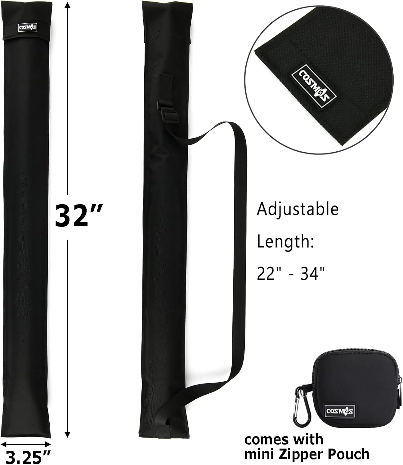 کیف حمل چوب بیلیارد Cosmos برای نگهداری چوب بیلیارد 1/2، رنگ مشکی 32 اینچ، به همراه کیف کوچک زیپ دار