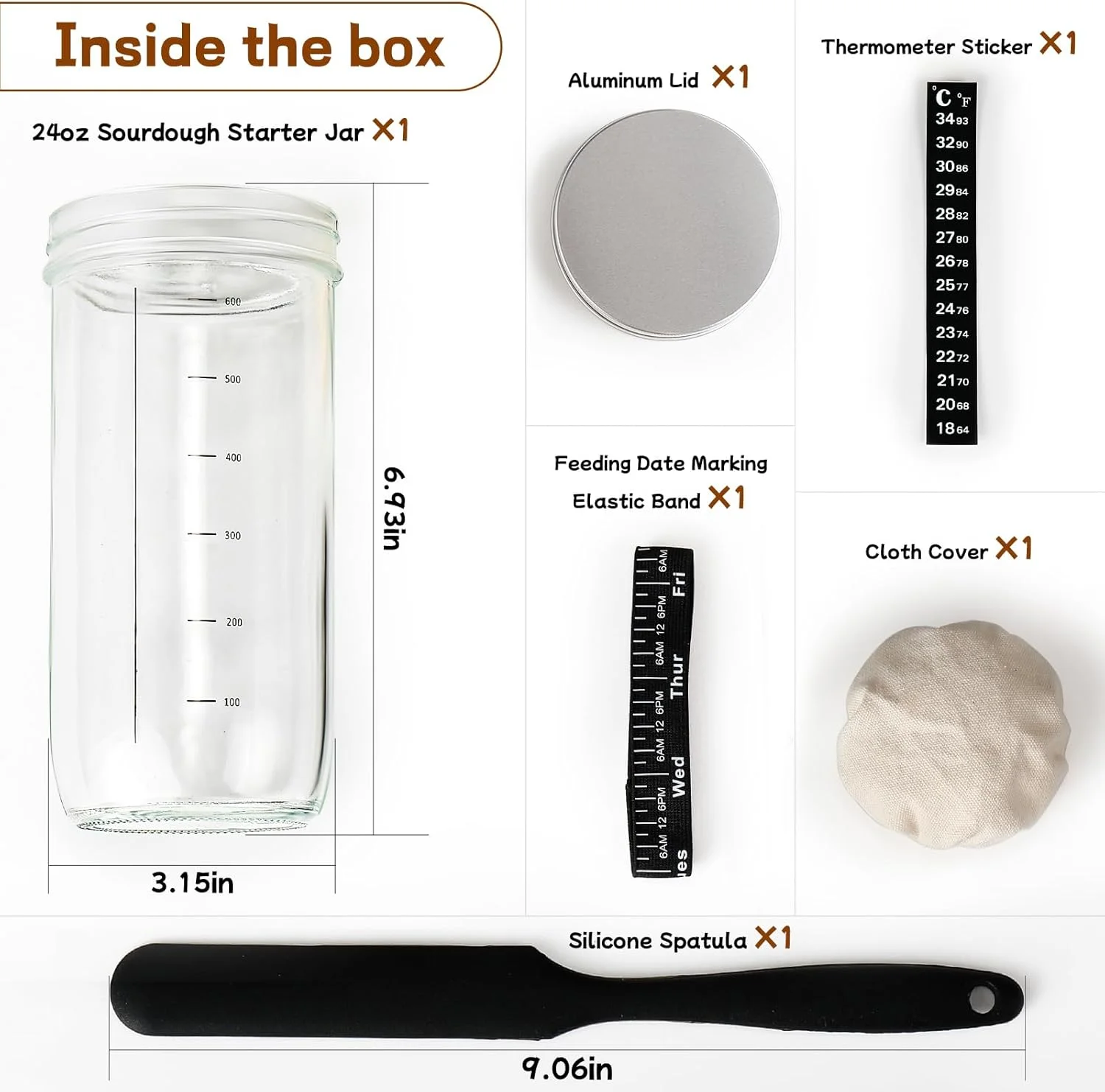 لوازم پخت نان خمیر ترش، شیشه استارتر خمیر ترش 700 میلی لیتری، کیت استارتر خمیر ترش با نوار تغذیه تاریخ دار، دماسنج، لیسک سیلیکونی، روکش پارچه ای دوخته شده و درب آلومینیومی، شیشه خمیر ترش