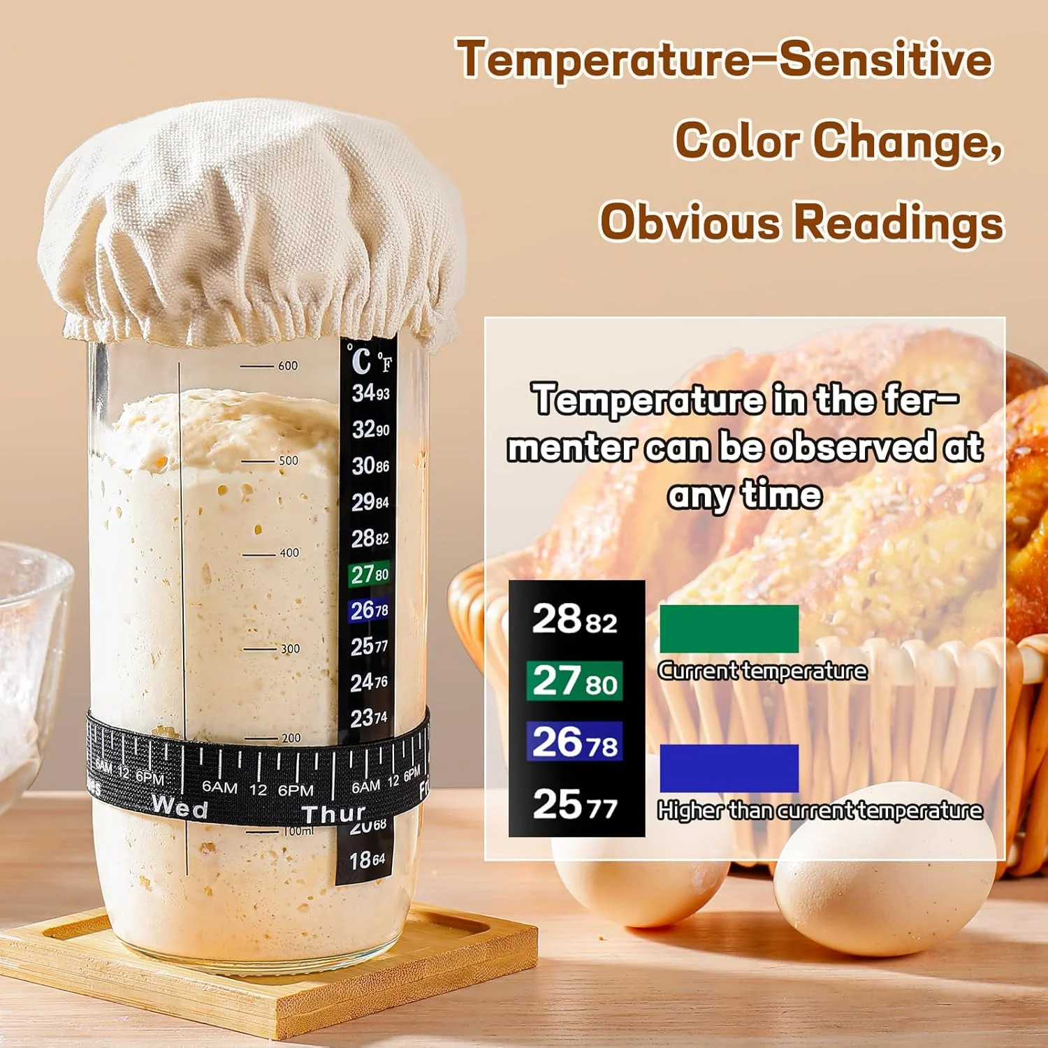 لوازم پخت نان خمیر ترش، شیشه استارتر خمیر ترش 700 میلی لیتری، کیت استارتر خمیر ترش با نوار تغذیه تاریخ دار، دماسنج، لیسک سیلیکونی، روکش پارچه ای دوخته شده و درب آلومینیومی، شیشه خمیر ترش