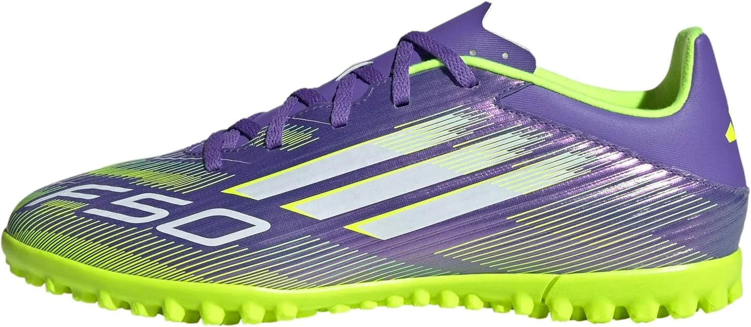 کفش فوتبال چمن مصنوعی آدیداس مدل F50 Club، بنفش/سفید/لیموئی، سایز ۹