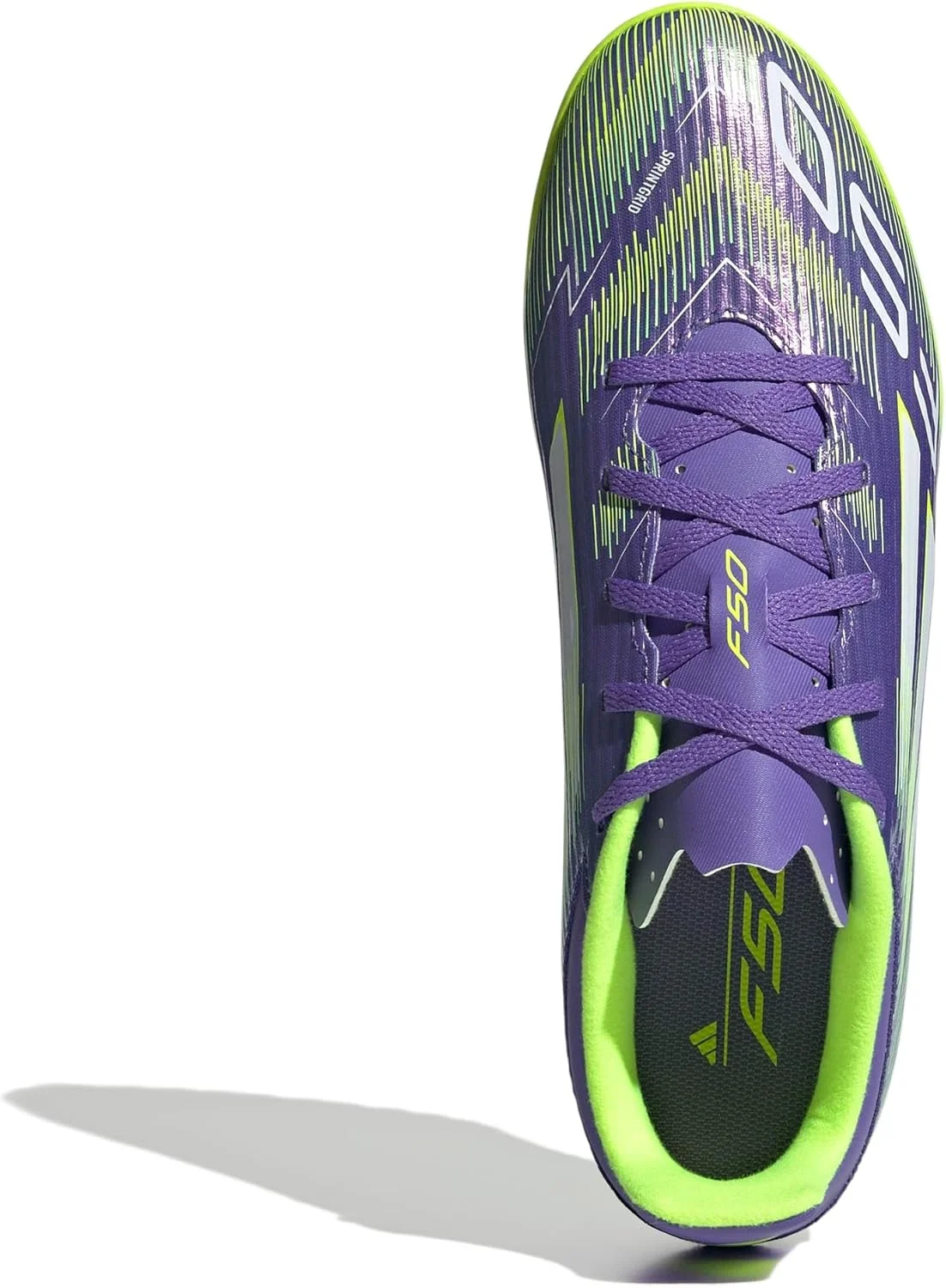 کفش فوتبال چمن مصنوعی آدیداس مدل F50 Club، بنفش/سفید/لیموئی، سایز ۹