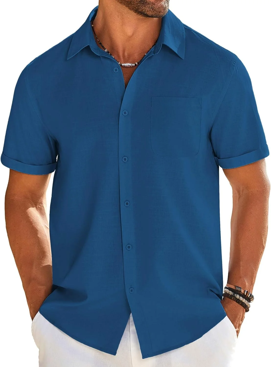 پیراهن مردانه کتان آستین کوتاه دکمه دار مناسب ساحل و تابستان به همراه جیب