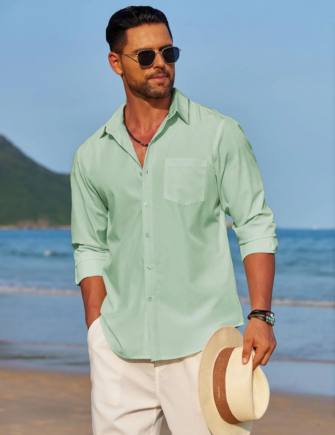 پیراهن آستین بلند مردانه کتان دکمه دار غیر رسمی مناسب تعطیلات و عروسی به همراه جیب