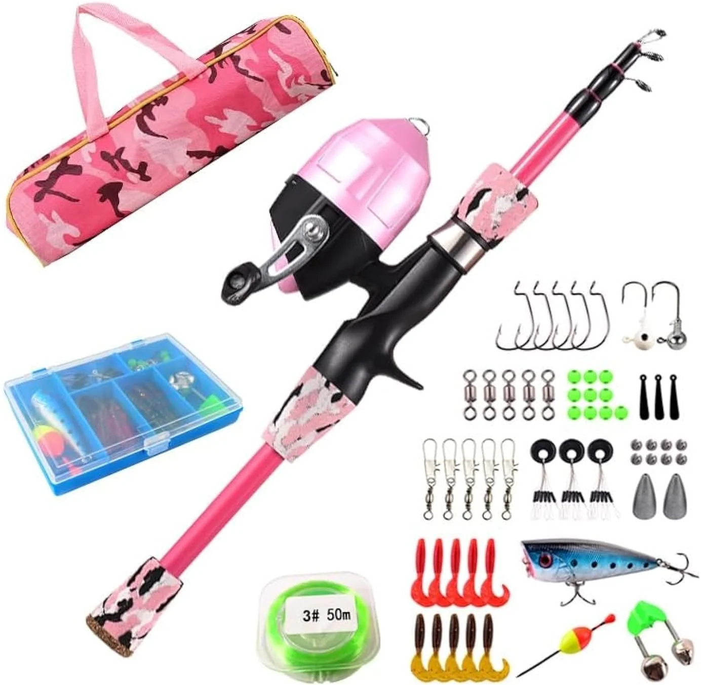 ست کامل چوب و چرخ ماهیگیری کودکان THE WHITE SHOP، چوب تلسکوپی 1.2 متری به همراه چرخ، قلاب، طعمه، هرزگرد و کیف حمل