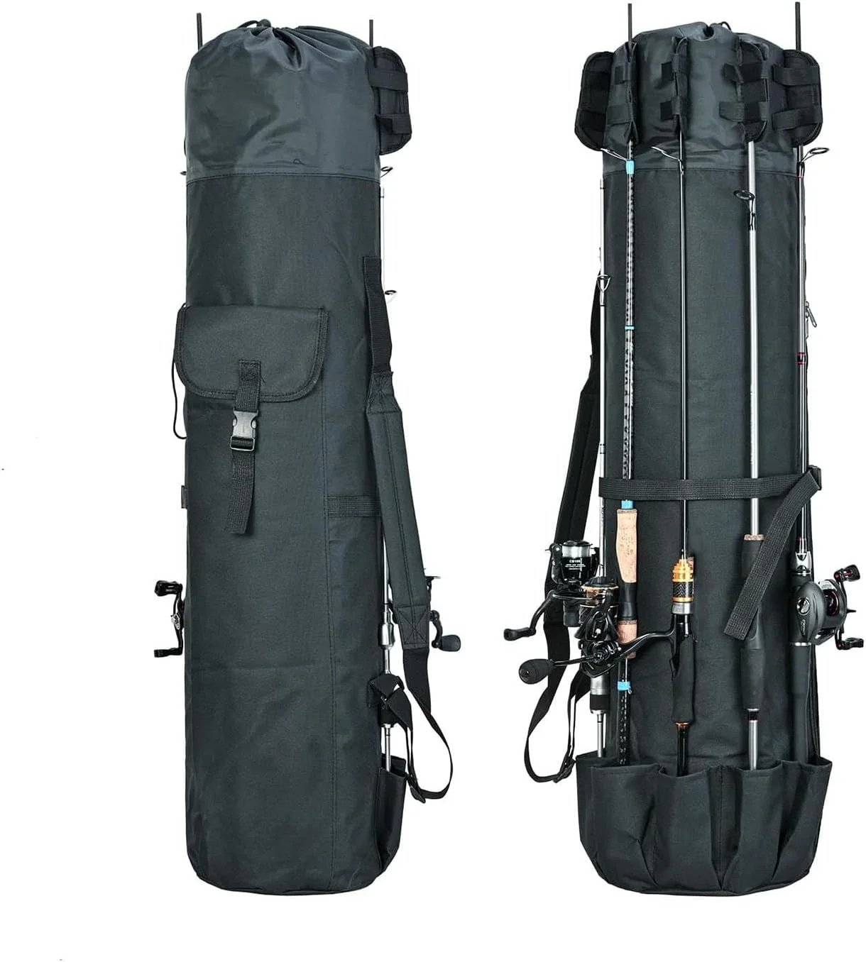 کیف ماهیگیری ضد آب مشکی، کیف میله تاشو بادوام با ظرفیت بزرگ، شامل نگهدارنده میله برای 5 میله، ذخیره سازی قابل حمل لوازم ماهیگیری، هدیه ایده آل برای مردان