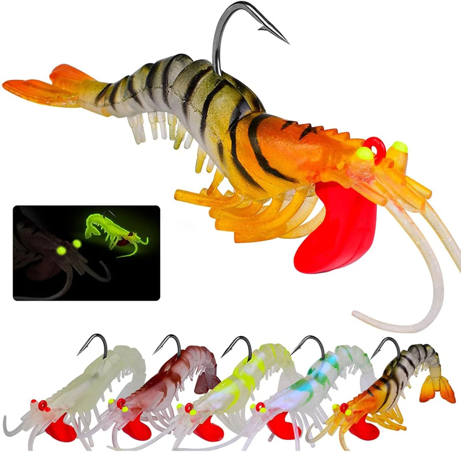 مجموعه 5 عددی طعمه میگو شب‌تاب نرم UNIFACE، کیت ماهیگیری 7.3 سانتی‌متری با قلاب، طعمه میگو نرم مصنوعی برای ماهیگیری در آب شیرین و شور، مناسب برای ماهی باس، قزل آلا، گربه ماهی و ماهی سالمون