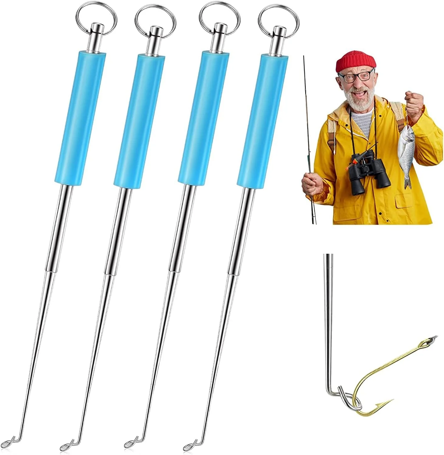 ابزار بیرون آورنده قلاب ماهیگیری SYOSI، ابزار جدا کننده قلاب قابل حمل با دسته سیلیکونی، جدا کننده قلاب ماهیگیری استیل ضد زنگ، 4 عدد آبی