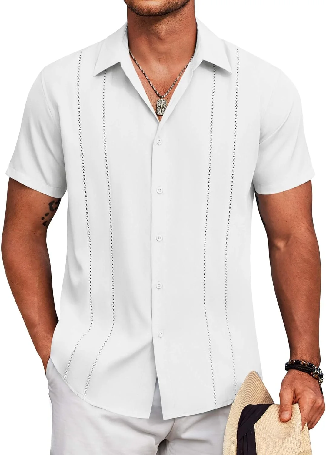 پیراهن مردانه کوبایی آستین کوتاه دکمه دار مناسب تعطیلات ساحلی تابستانی