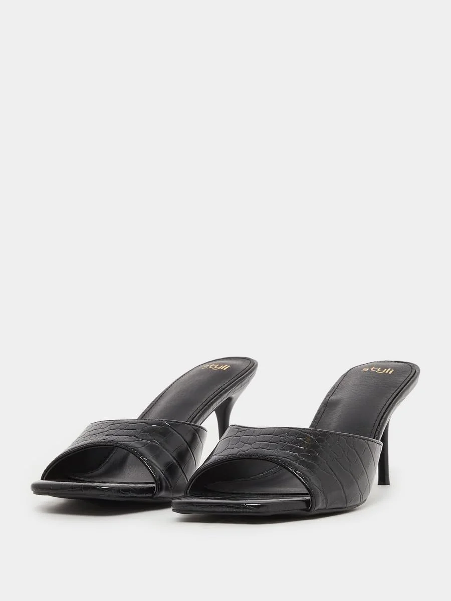 صندل پاشنه بلند زنانه استایلی با طرح پوست ماری و پنجه باز