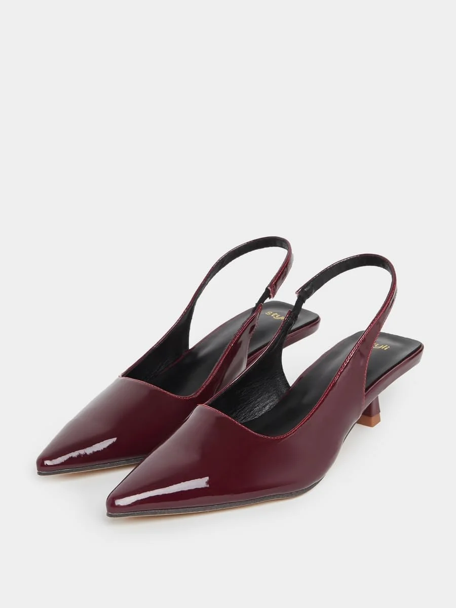 کفش های پاشنه بچه گربه زنانه استایلی، طرح ورنی، نوک تیز و بند دار