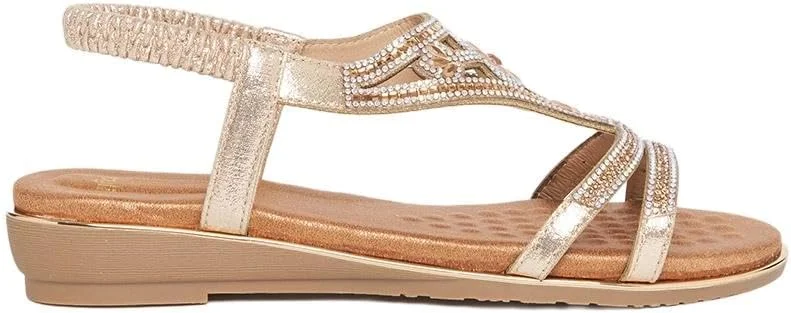 صندل های لژدار زنانه استایلی با تزیین نگین، طلایی، سایز 40 EU