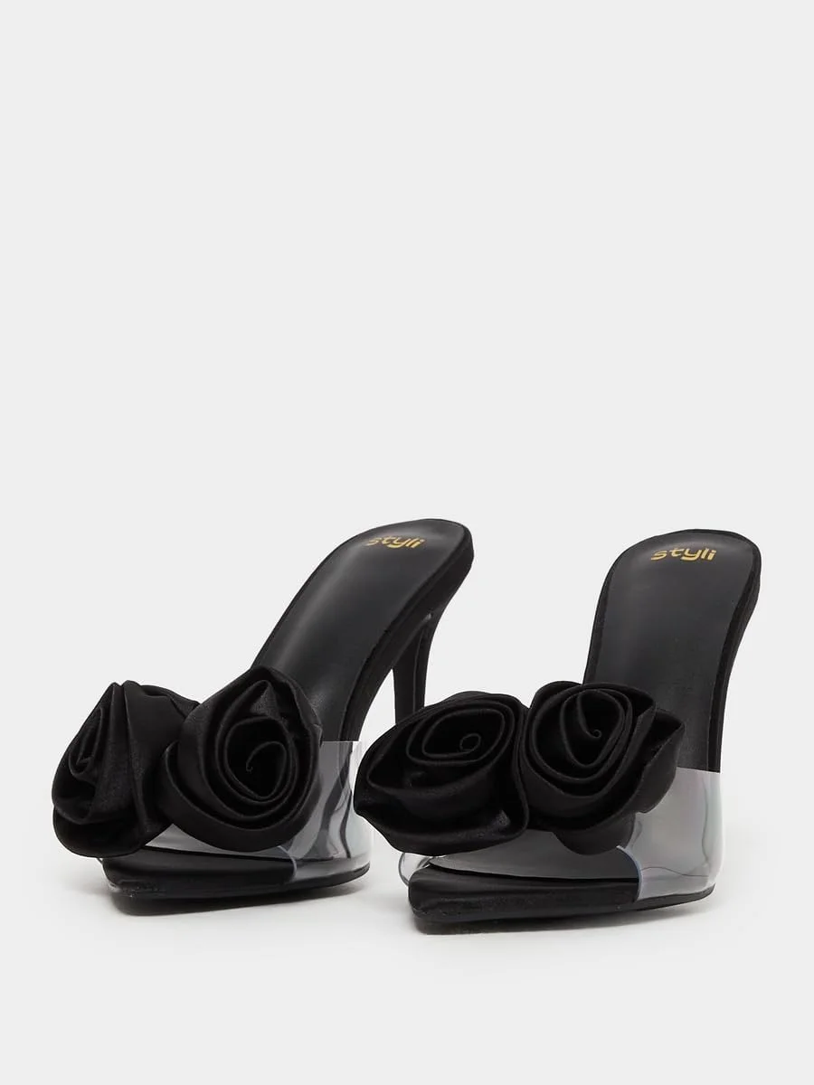 صندل های پاشنه بلند زنانه استایلی با بند شفاف و تزیین گل