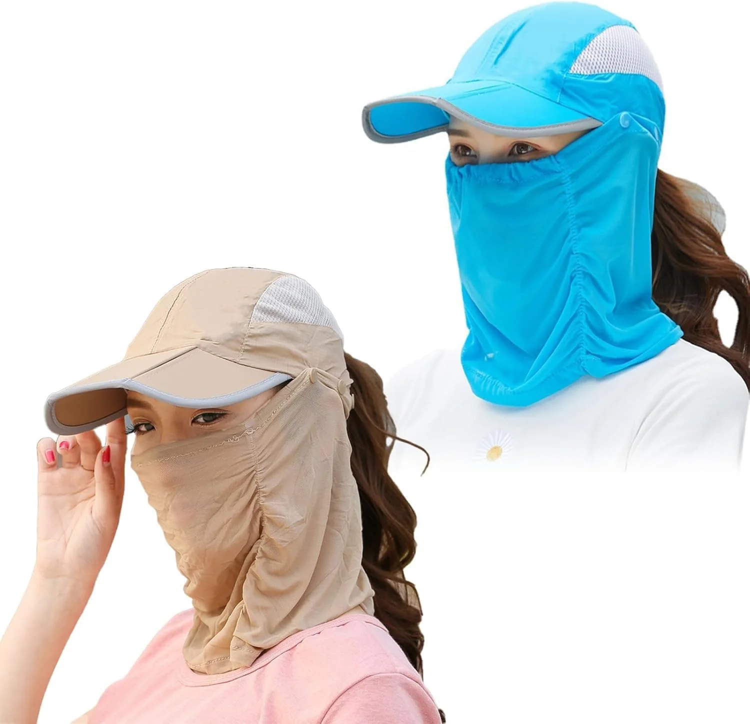 دو عدد کلاه آفتابی زنانه - Azonee لبه پهن محافظت در برابر اشعه ماوراء بنفش، کلاه ماهیگیری UPF 50+، کلاه تابستانی تاشو دم اسبی با ماسک صورت جداشدنی و محافظت از گردن در برابر اشعه ماوراء بنفش برای فعالیت های خارج از منزل