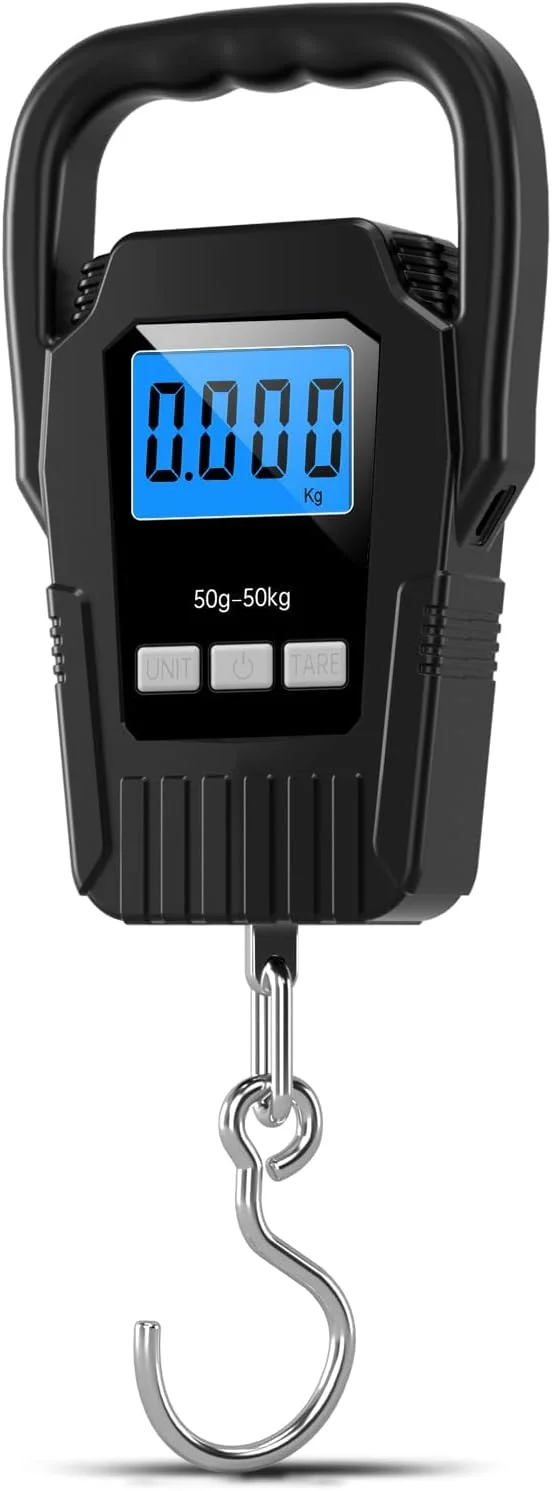 ترازوی دیجیتال ماهیگیری MAKINGTEC، ترازوی آویز، ترازوی چمدان 50 کیلوگرمی، دسته بزرگ ارتقا یافته، صفحه نمایش LCD با نور پس زمینه، ترازوی پستی، هدیه ماهیگیری برای مردان، ایده های هدیه، مشکی