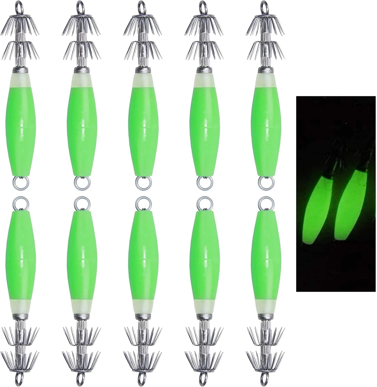 قلاب ماهی مرکب شب‌تاب NALACAL برای آب شور، مجموعه 10 عددی ماهی مرکب شب‌تاب، طعمه های سخت برای ماهی مرکب و هشت پا