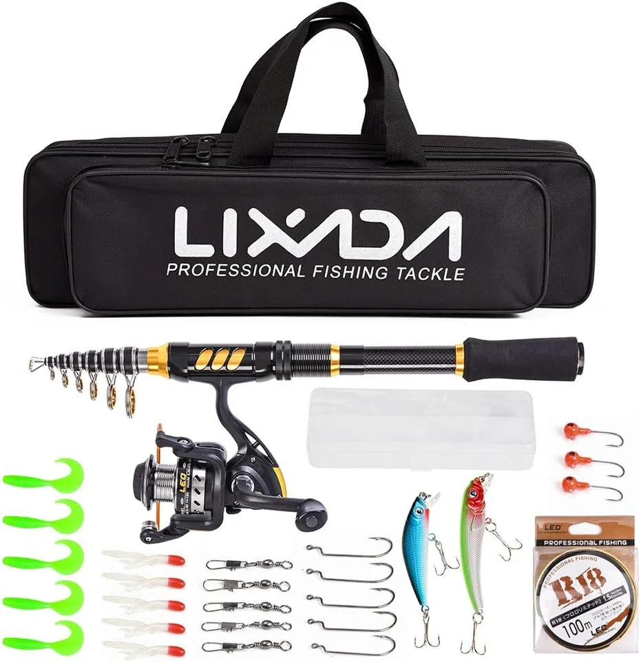 مجموعه چوب و چرخ ماهیگیری تلسکوپی Lixada با قرقره چرخشی، جیگ و هرزگرد، مناسب آب شور و شیرین و مسافرت (مشکی، 2.4 متر)