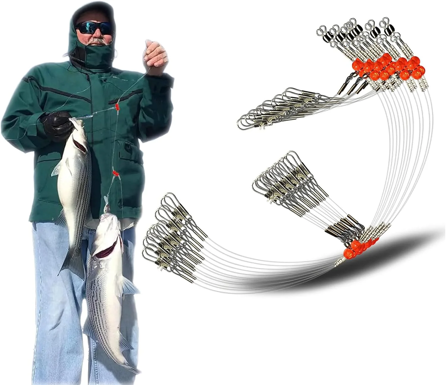 ۱۲ عدد ریسه ماهیگیری آب شور با دو بازو - ریسه مونوفیلامنت با هرزگرد و قفل، نخ اصلی ۹۰ پوندی، نخ بازو ۵۵ پوندی برای ماهیگیری کف دریا و ساحلی، مناسب برای طعمه و قلاب