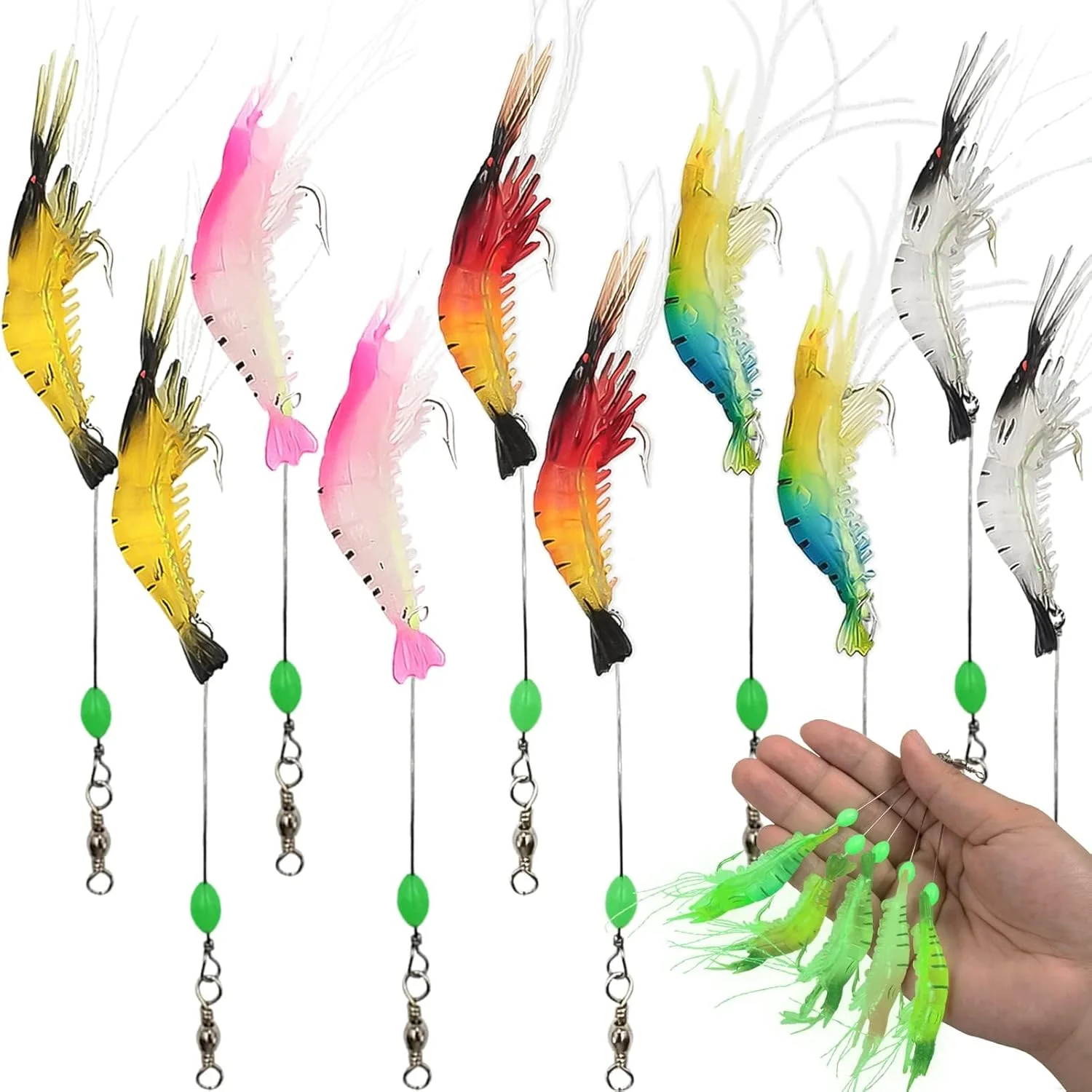 ست طعمه میگو نرم و درخشان KASTWAVE، 10 عددی، لوازم ماهیگیری میگو نرم ممتاز با قلاب های تیز درخشان، برای ماهیگیری در آب شیرین و شور، مناسب برای ماهی باس، قزل آلا، گربه ماهی و سالمون