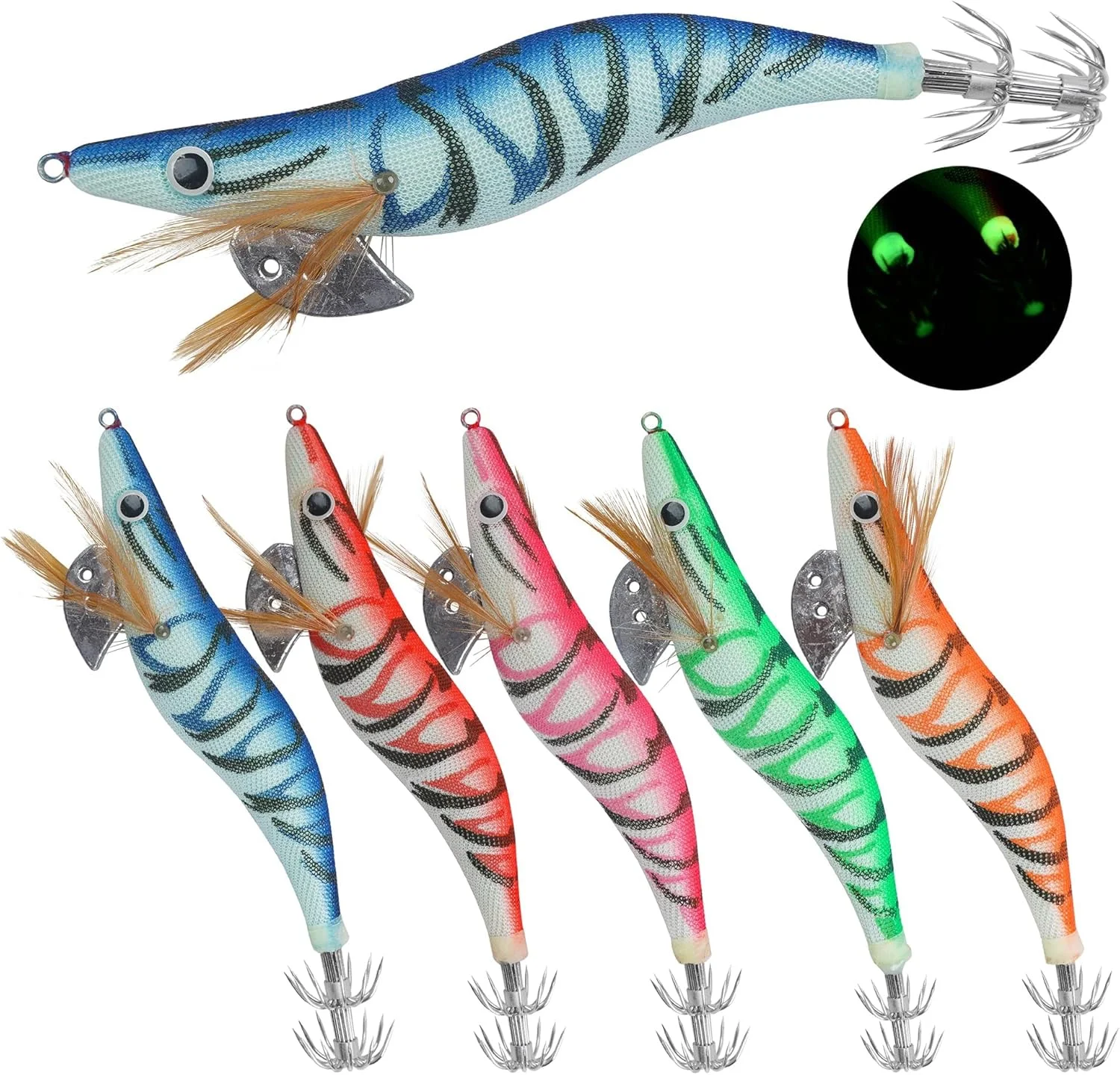 قلاب ماهیگیری مرکب درخشان 5 عددی، طعمه میگو بیونیک، طعمه سخت آب شور با چشمان سه بعدی برای ماهیگیری اختاپوس و ماهی مرکب