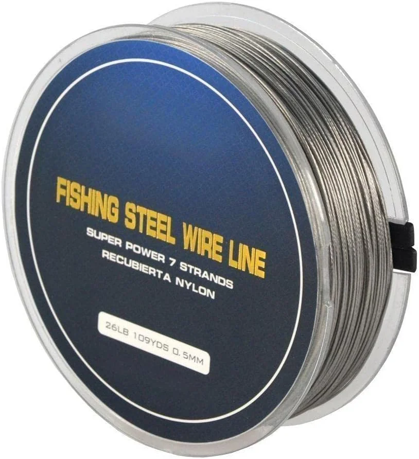 سیم ماهیگیری فولادی KASTWAVE با ضخامت 0.5 میلی‌متر، طول 100 متر و قدرت 26 پوند، 7 رشته، روکش پلاستیکی ضد آب