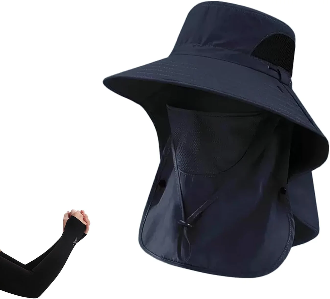 کلاه ماهیگیری مردانه و زنانه به همراه یک جفت آستین خنک کننده، کلاه لبه پهن محافظت در برابر آفتاب و اشعه ماوراء بنفش مناسب فضای باز با پوشش صورت و محافظ گردن