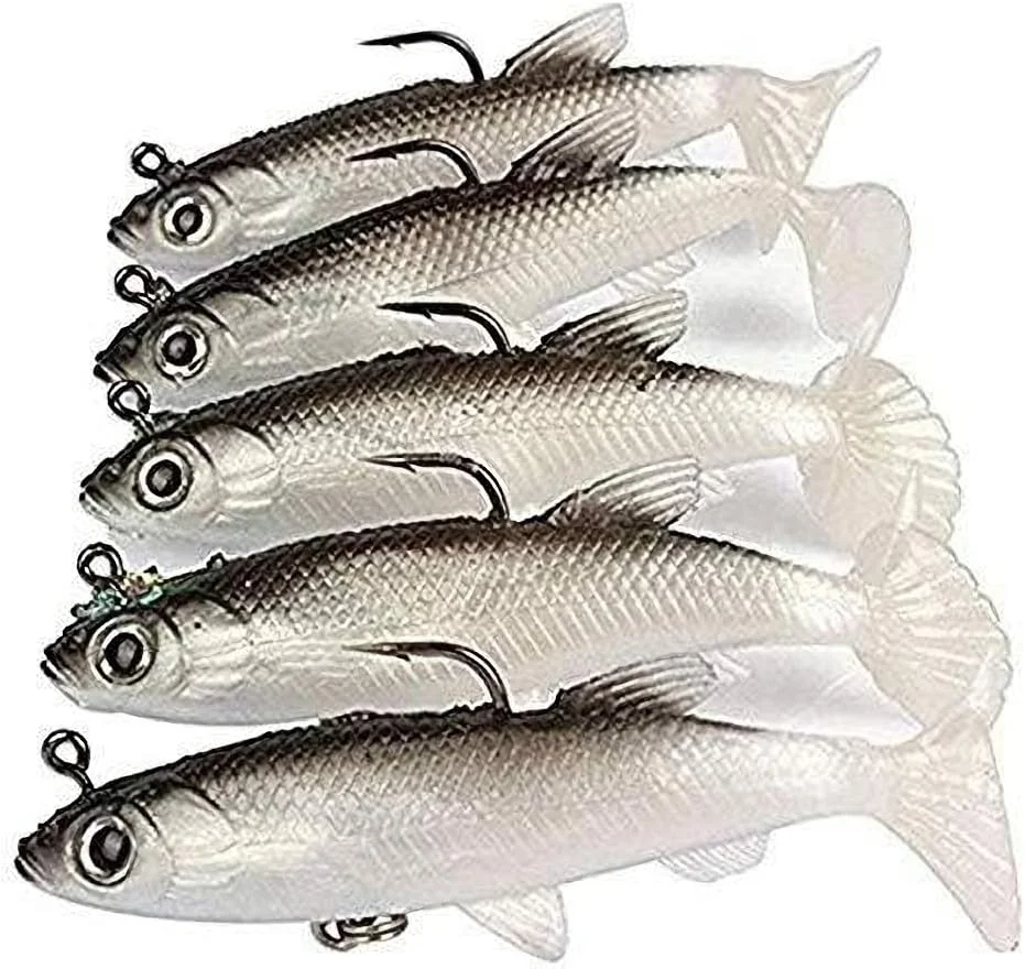 ست طعمه ماهیگیری KASTWAVE، 5 عدد طعمه نرم 8 سانتی متری، طعمه ماهی دریا، لوازم ماهیگیری، قلاب سه شاخه تیز، طعمه مصنوعی دم T