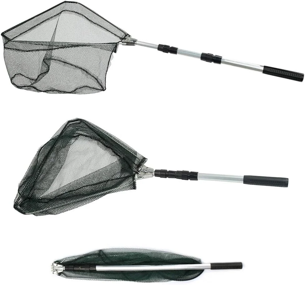 تور ماهیگیری با دسته تلسکوپی جمع شونده و توری پلی استر، تور ماهیگیری تاشو برای ماهی، طول باز شده تا 148 سانتی متر، تور فرود توری تاشو