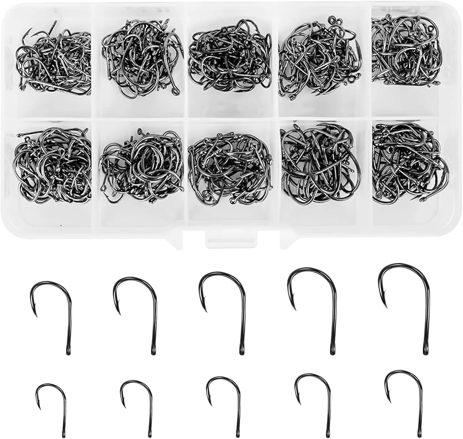 مجموعه قلاب ماهیگیری گودرن، 300 عدد قلاب ماهیگیری فولاد کربنی با 10 سایز، قلاب ماهیگیری تیز و قوی با خار، لوازم ماهیگیری آب شیرین و آب شور، قلاب کرمی نرم